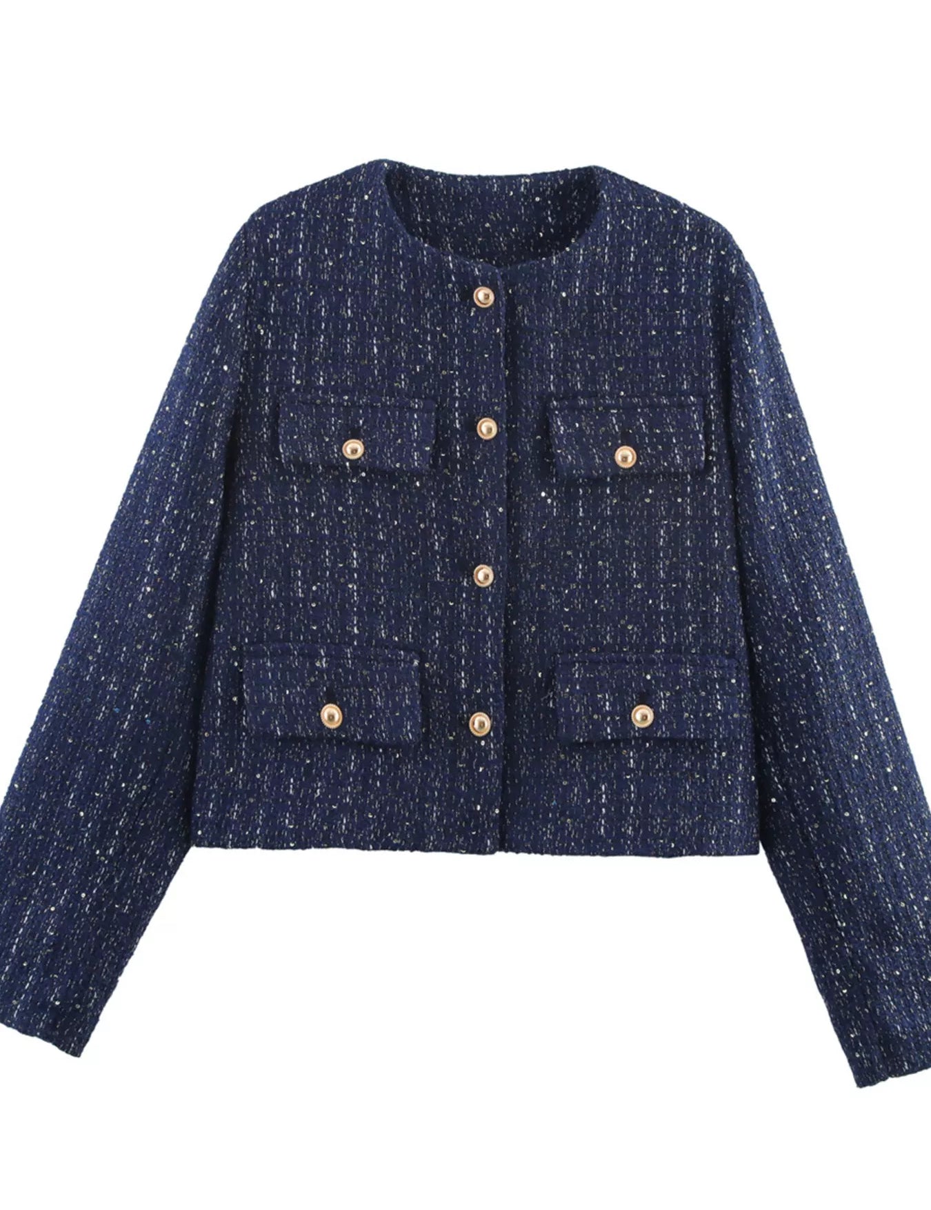 Dark Blue Tweed Button Up Cropped Jacket | Jackets Daverri Fashions