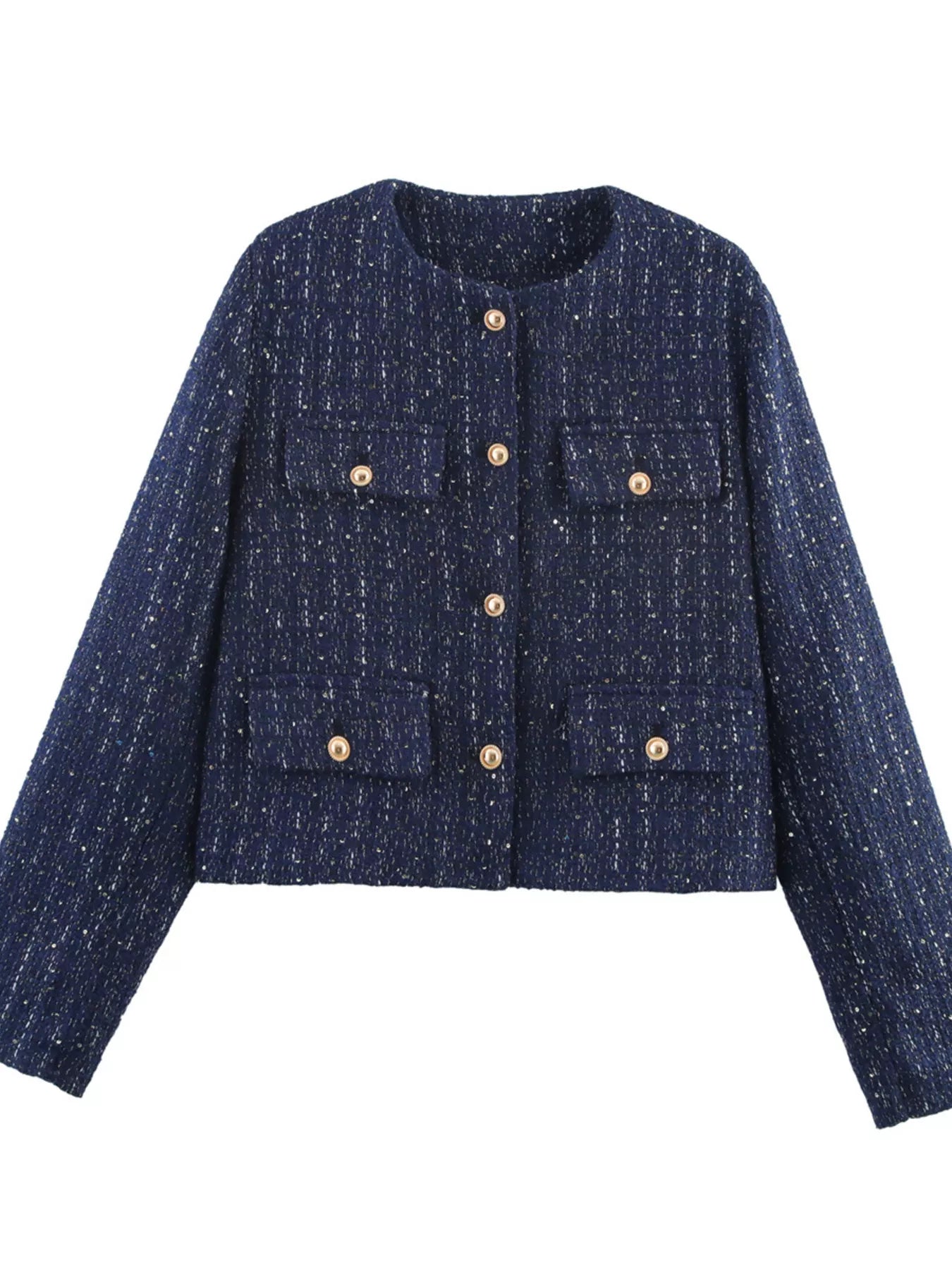 Dark Blue Tweed Button Up Cropped Jacket | Jackets Daverri Fashions