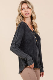 Mittoshop Washed V-Neck Long Sleeve Blouse | Daverri Fashions
