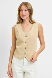Latte RISEN Full Size V Neck Button Down Vest Plus Size | Daverri Fashions