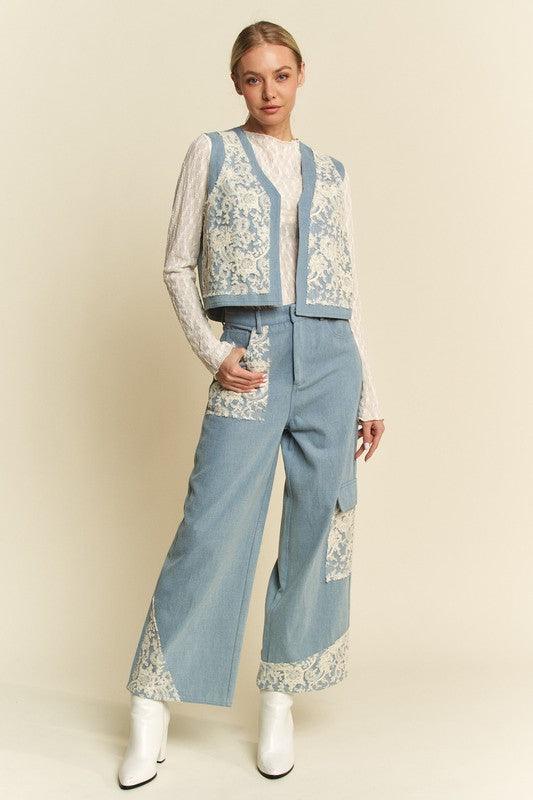 Davi & Dani Lace Patch Open Front Denim Vest | Denim Vests Daverri Fashions