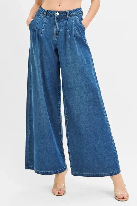 RISEN Mid Rise Fit Wide Leg Knit Denim Look Jeans - DAVERRI FASHIONS