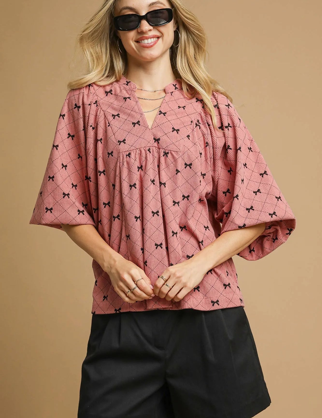 Pink Umgee Corduroy Bow Print Balloon Sleeve Blouse | Blouses Daverri Fashions