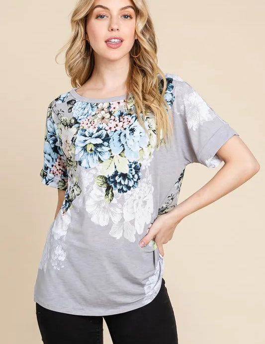 Light Gray BOMBOM Floral Round Neck Short Sleeve T-Shirt | Daverri Fashions