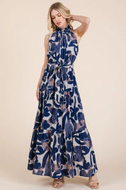 Lime 'N' Chili Abstract Halter Neck Tie-Waist Tiered Maxi Dress | Daverri Fashions