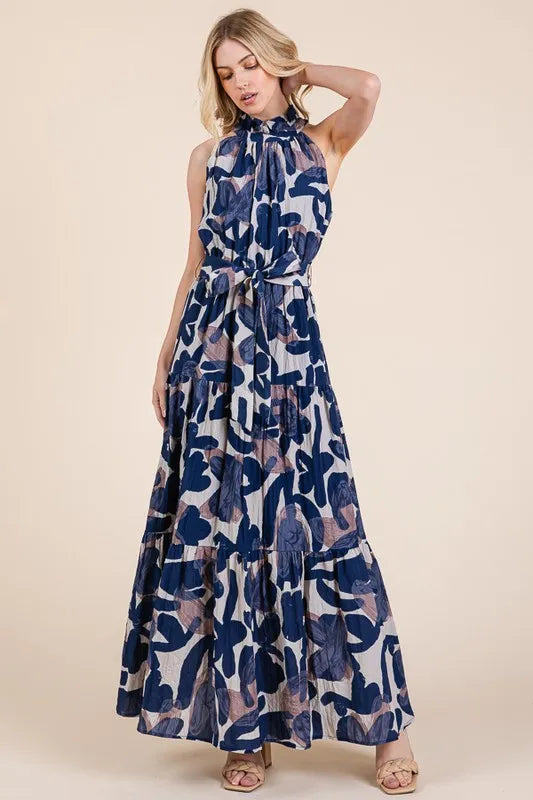 Lime 'N' Chili Abstract Halter Neck Tie-Waist Tiered Maxi Dress | Daverri Fashions