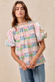 BiBi Ruffle Neckline Blouse With Embroidery Bubble Sleeve | Daverri Fashions