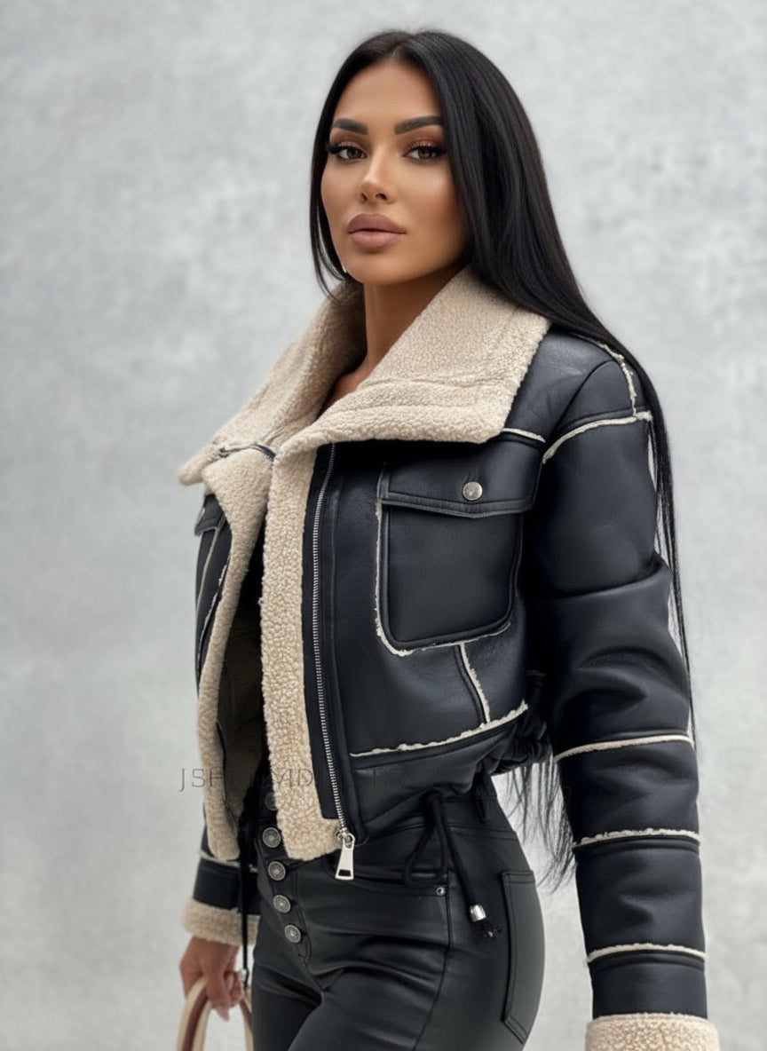 Sherpa Trim Cropped Jacket | Outerwear Daverri Fashions