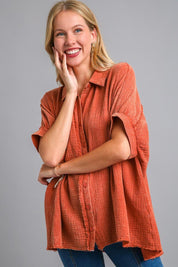 Orange-Red Umgee Full Size Cotton Gauze Mineral Wash Button Down Shirt Plus Size | Daverri Fashions
