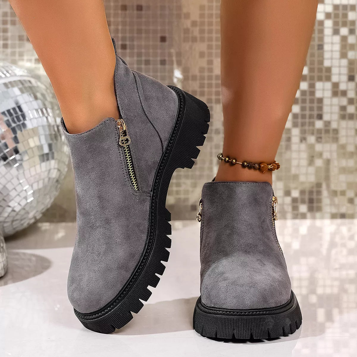 Gray Bria Round Toe Side Zip Ankle Boots | Boots Daverri Fashions