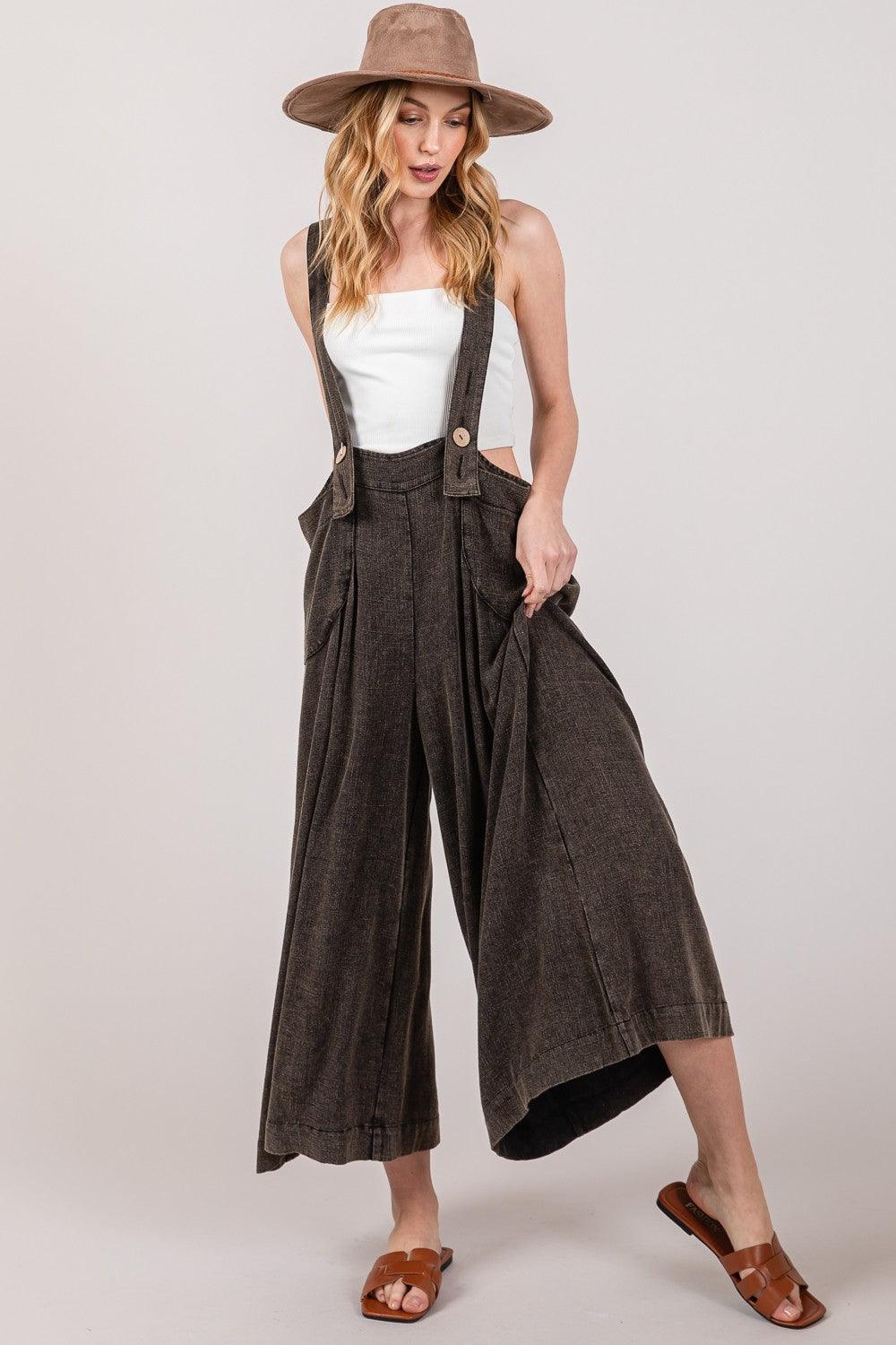 Black SAGE + FIG Full Size Wide Strap Wide Leg Overalls | Daverri Fashions