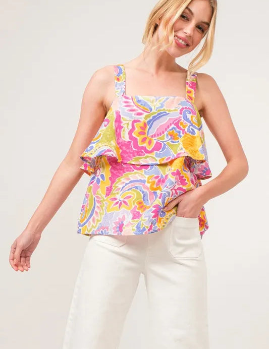 And The Why Square Neck Tiered Paisley Printed Top | Tops Daverri Fashions