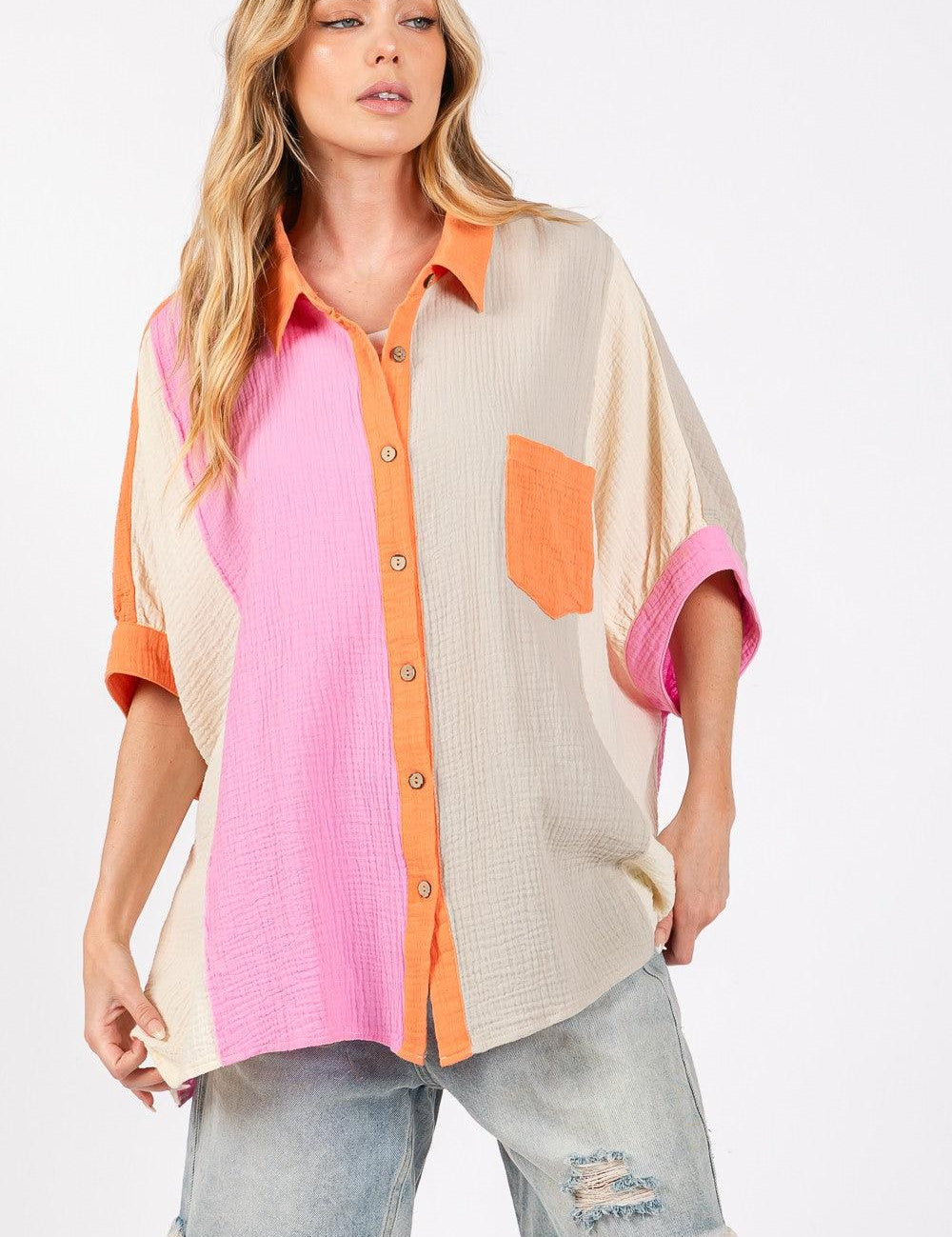 SAGE + FIG Full Size Color Block Button-Down Shirt | Shirts Daverri Fashions