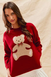 SO ME Teddy Bear With Check Ribbon Christmas Sweater | Daverri Fashions