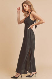 Aemi + Co Black Ruched Side Slit Cutout Back Maxi Cami Dress | Cami Dresses Daverri Fashions