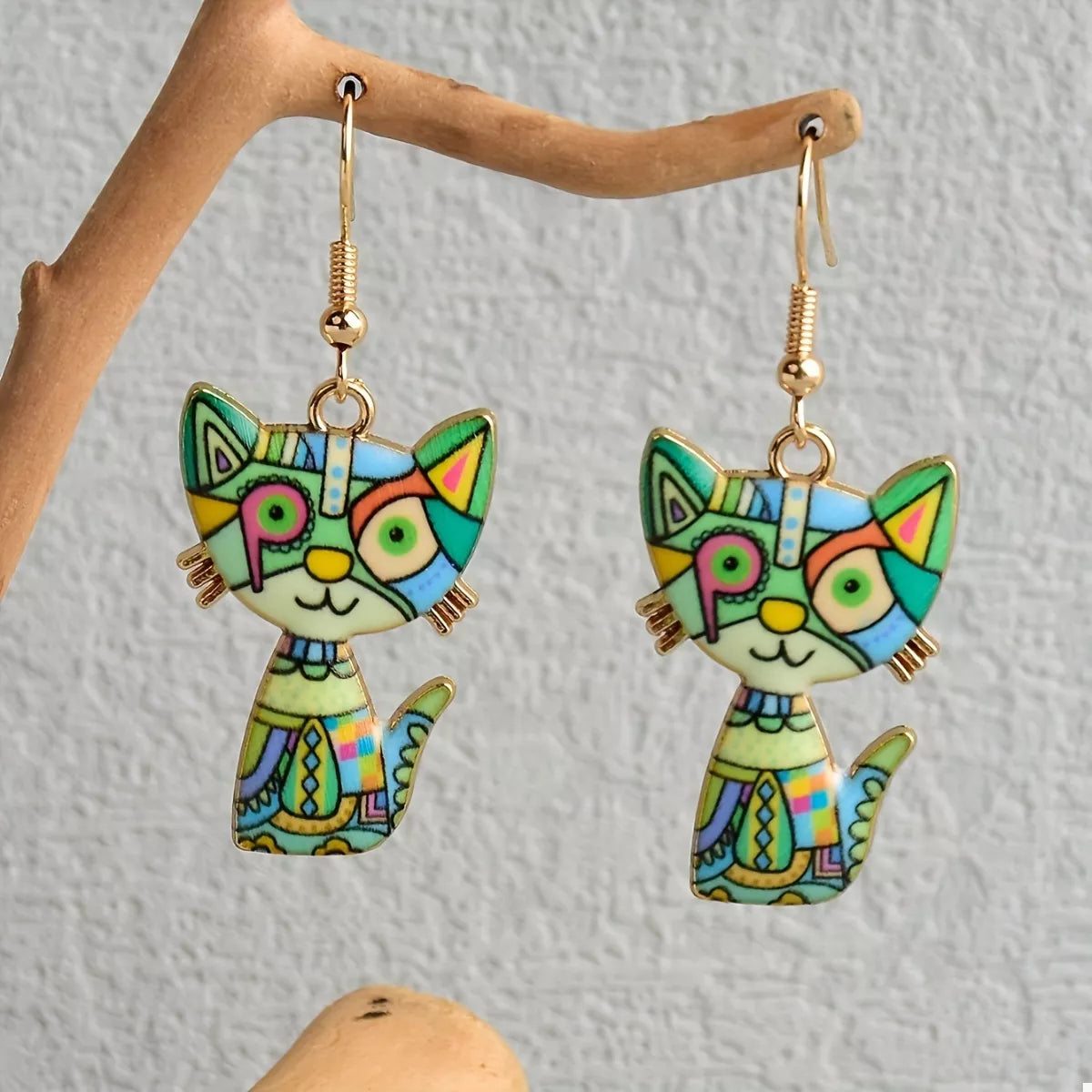 Green onesize Colorful Cat Dangle Earrings | Earrings Daverri Fashions