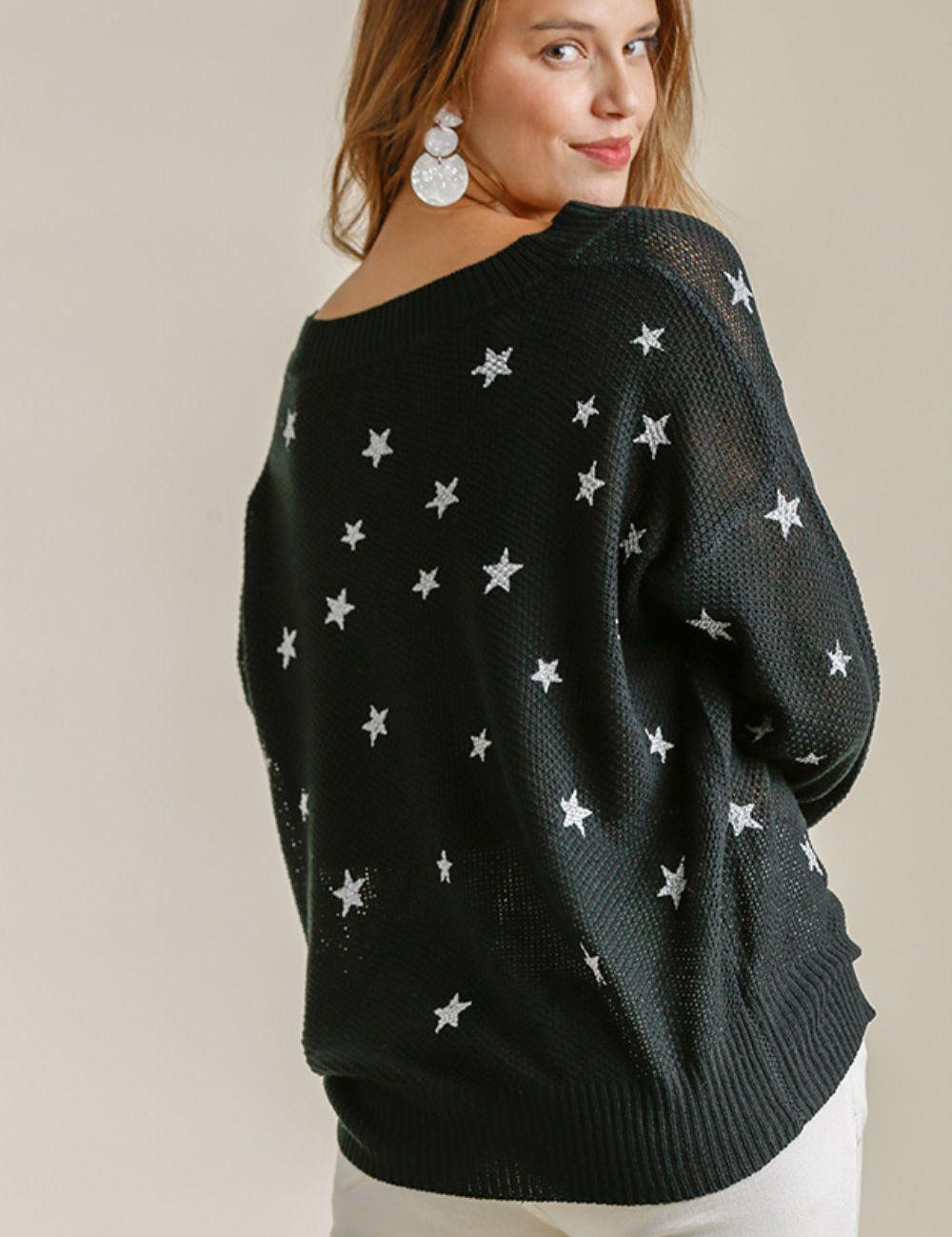 Umgee Full Size Star V-Neck Long Sleeve Sweater Plus Size | Sweaters Daverri Fashions
