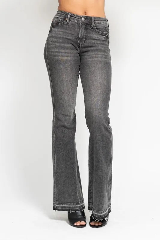 Judy Blue Full Size Mid Rise Tummy Control Washed Gray Release Hem Flare Jeans Plus Size | Daverri Fashions