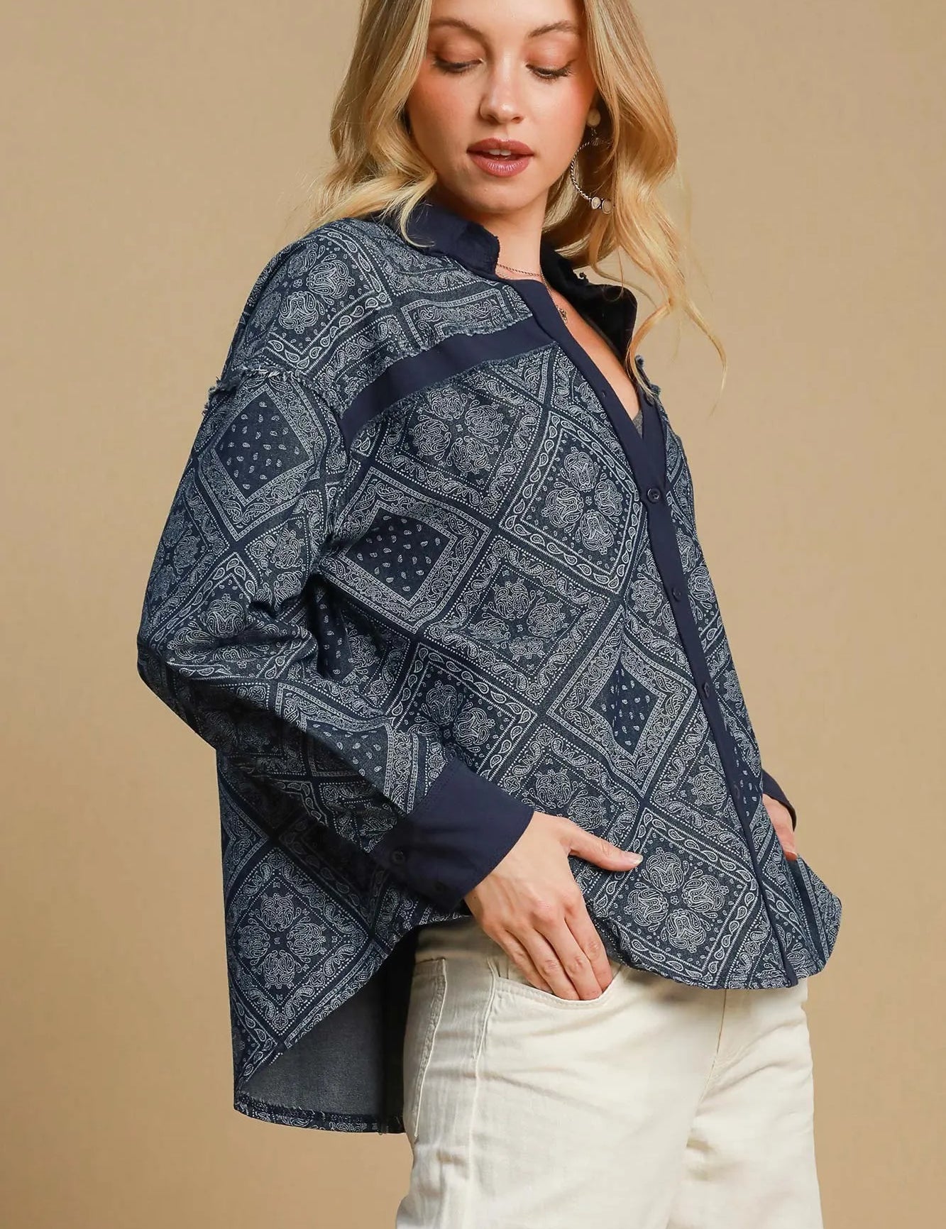 Umgee Paisley Print Denim Shirt Jacket | Daverri Fashions