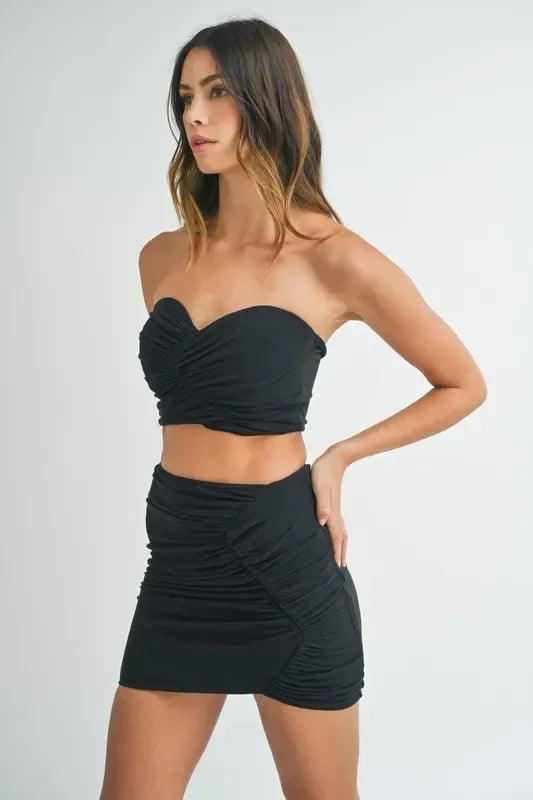 MABLE Ruched Tube Crop Top and Skirt Set - DAVERRI FASHIONS