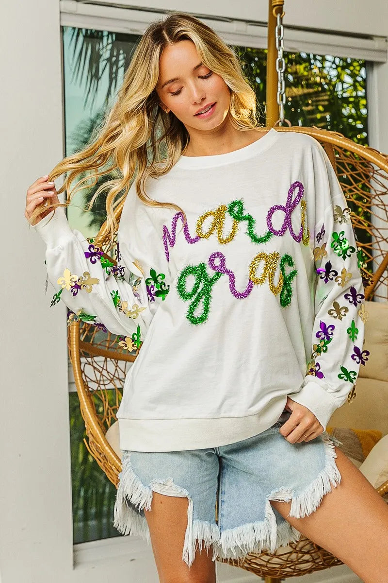 BiBi Fleur De Lis Sleeve Mardi Gras Pullover | Daverri Fashions