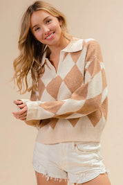 BiBi Diamond Pattern Collared Notch Neck Sweater | Sweaters Daverri Fashions