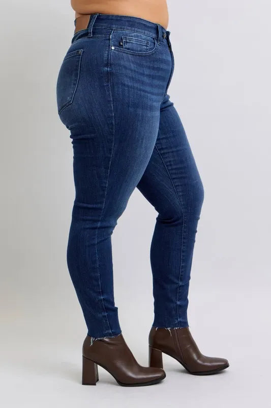 Judy Blue Full Size Mid Rise Skinny Jeans with Raw Hem Plus Size | Daverri Fashions
