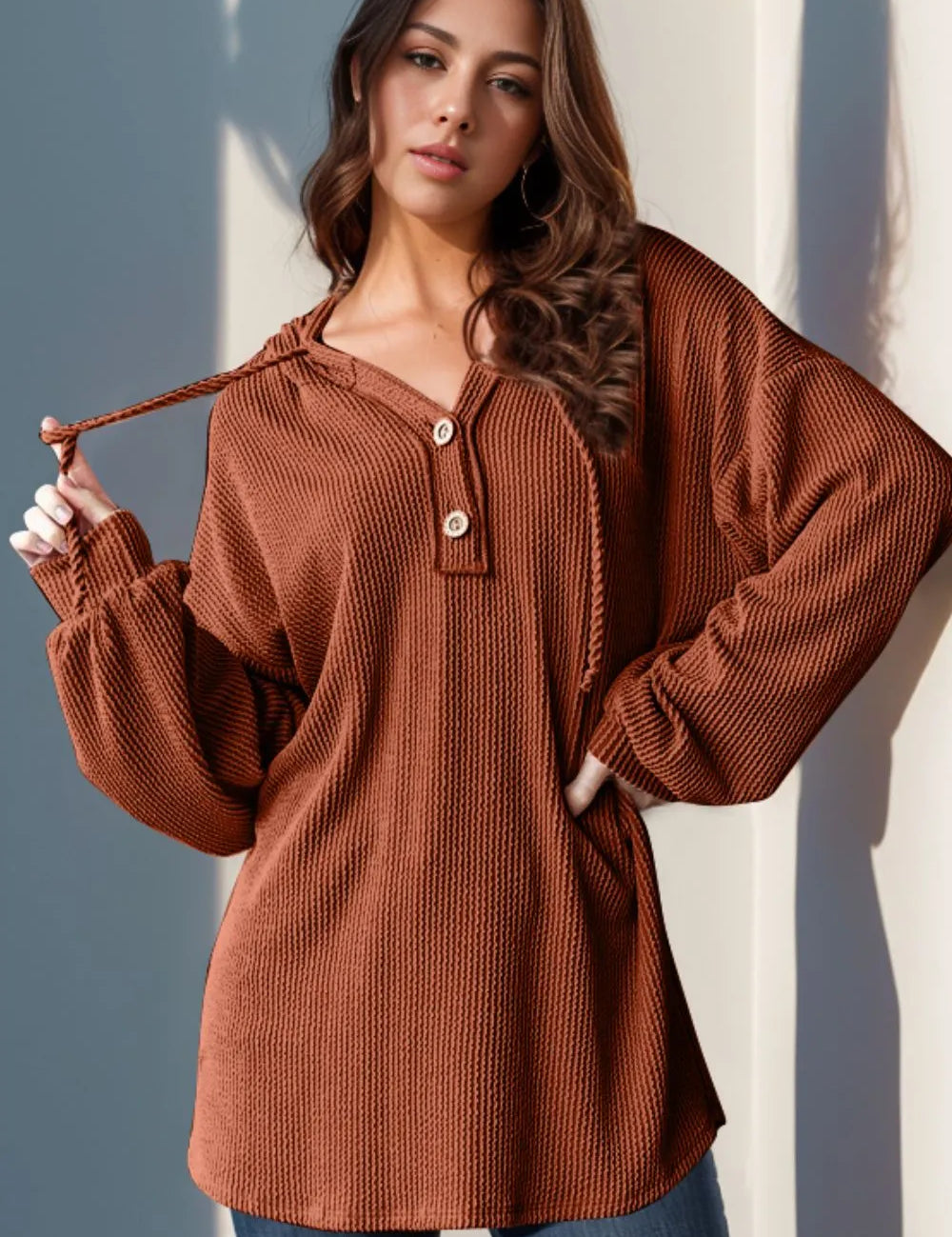 Double Take Full Size Half Button Long Sleeve Hoodie | Hoodies Daverri Fashions