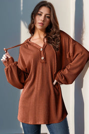 Double Take Full Size Half Button Long Sleeve Hoodie | Hoodies Daverri Fashions