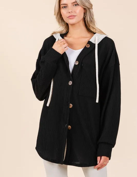 Black BOMBOM Textured Button Down Drawstring Hooded Shacket | Daverri Fashions
