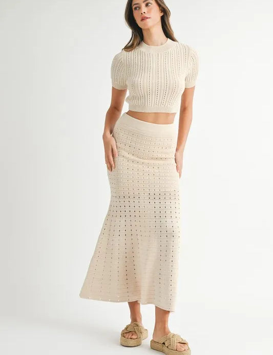 MABLE Pointelle Short Sleeve Crop Top and Slit Skirt Sweater Set | Outfit Sets Daverri Fashions