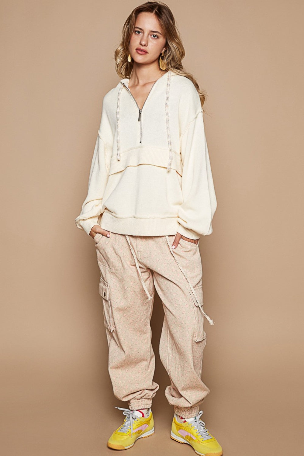 POL Half Zip Drop Shoulder Hooded Sweater | Sweaters Daverri Fashions