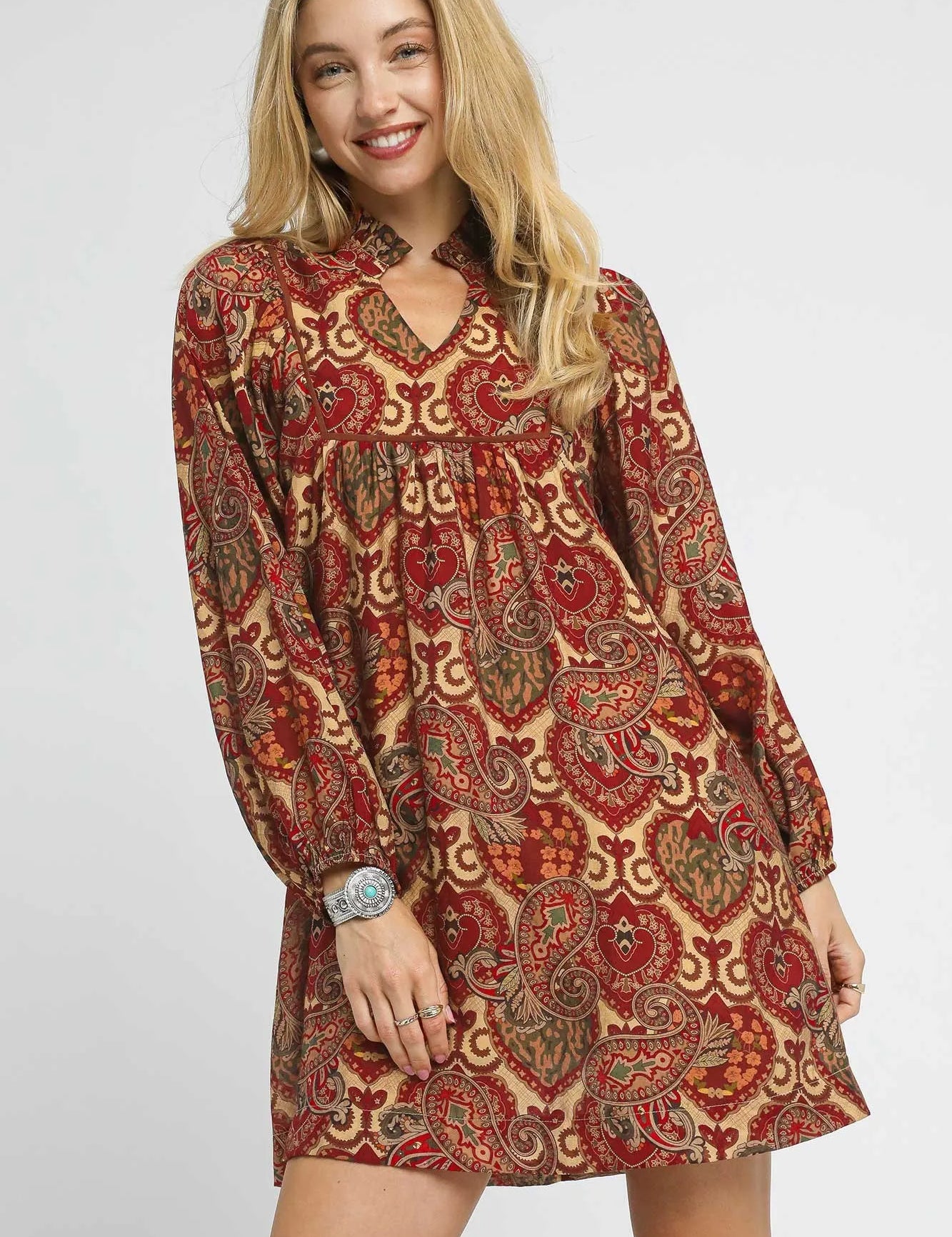 RED MIX M Umgee Boho Mix Paisley Babydoll Dress | Daverri Fashions