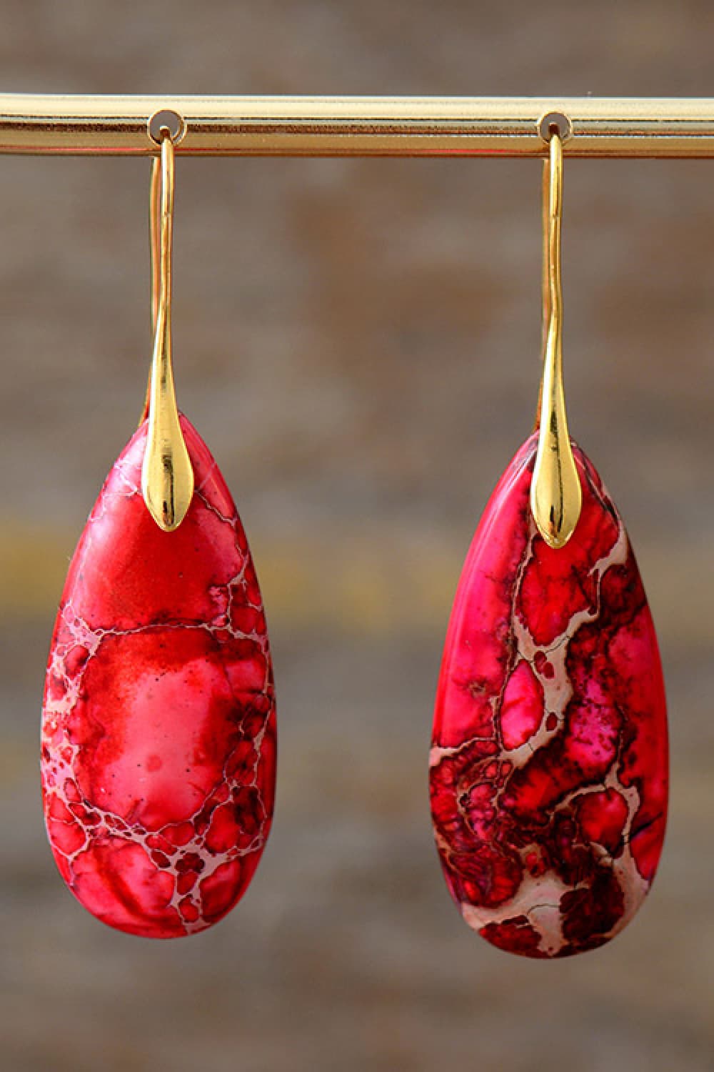Red Gold One Size Handmade Teardrop Shape Natural Stone Dangle Earrings | Earrings Daverri Fashions