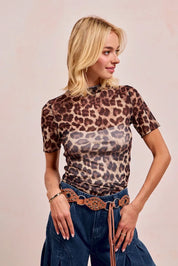 BiBi High Neck Leopard Mesh Short Sleeves Top | Tops Daverri Fashions