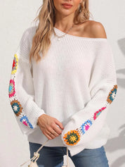 White Crochet Flower Long Sleeve Sweater | Sweaters Daverri Fashions