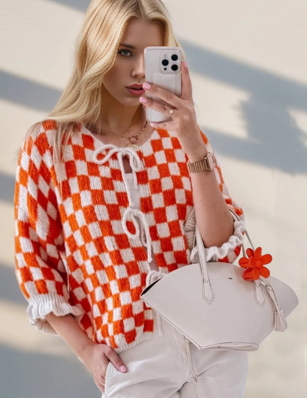 Orange-Red Double Take Tied Checkered Dropped Shoulder Flounce Sleeve Cardigan | Cardigans Daverri Fashions