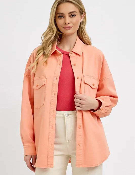 RISEN Full Size Button Down Long Sleeve Denim Shacket with Chest Pockets Plus Size | Daverri Fashions