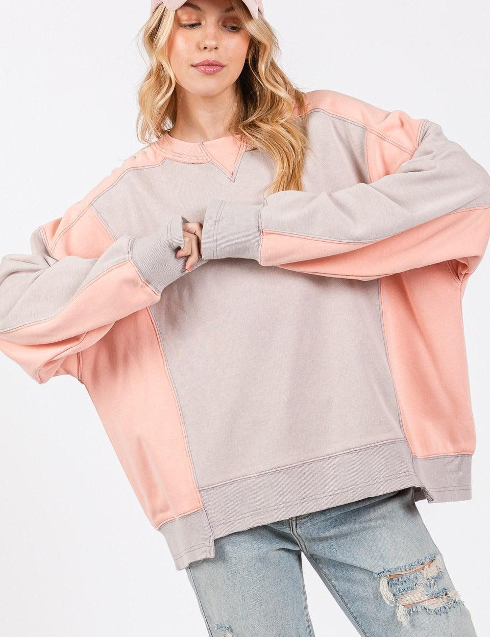 Gray Peach SAGE + FIG Color Block Round Neck Sweatshirt | Sweatshirts Daverri Fashions