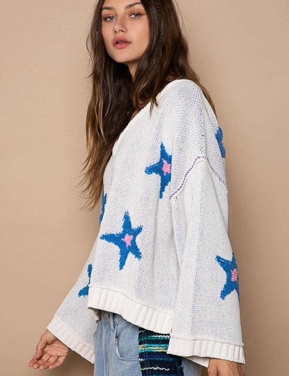 POL Long Sleeve Star Patch Sweater L | Sweaters Daverri Fashions
