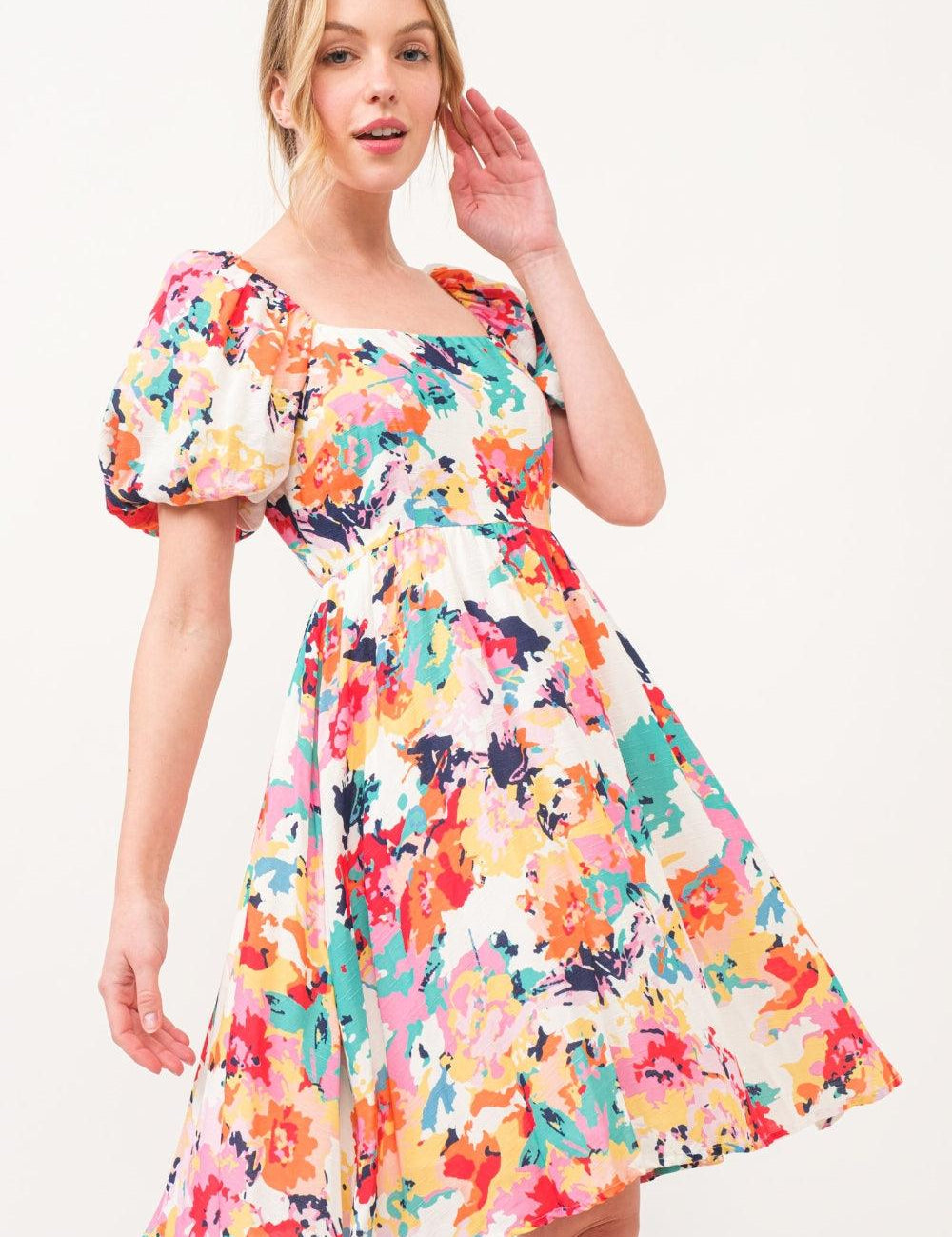 Multi And The Why Square Neck Puff Sleeve Floral Dress | Knee Length Dresses Daverri Fashions
