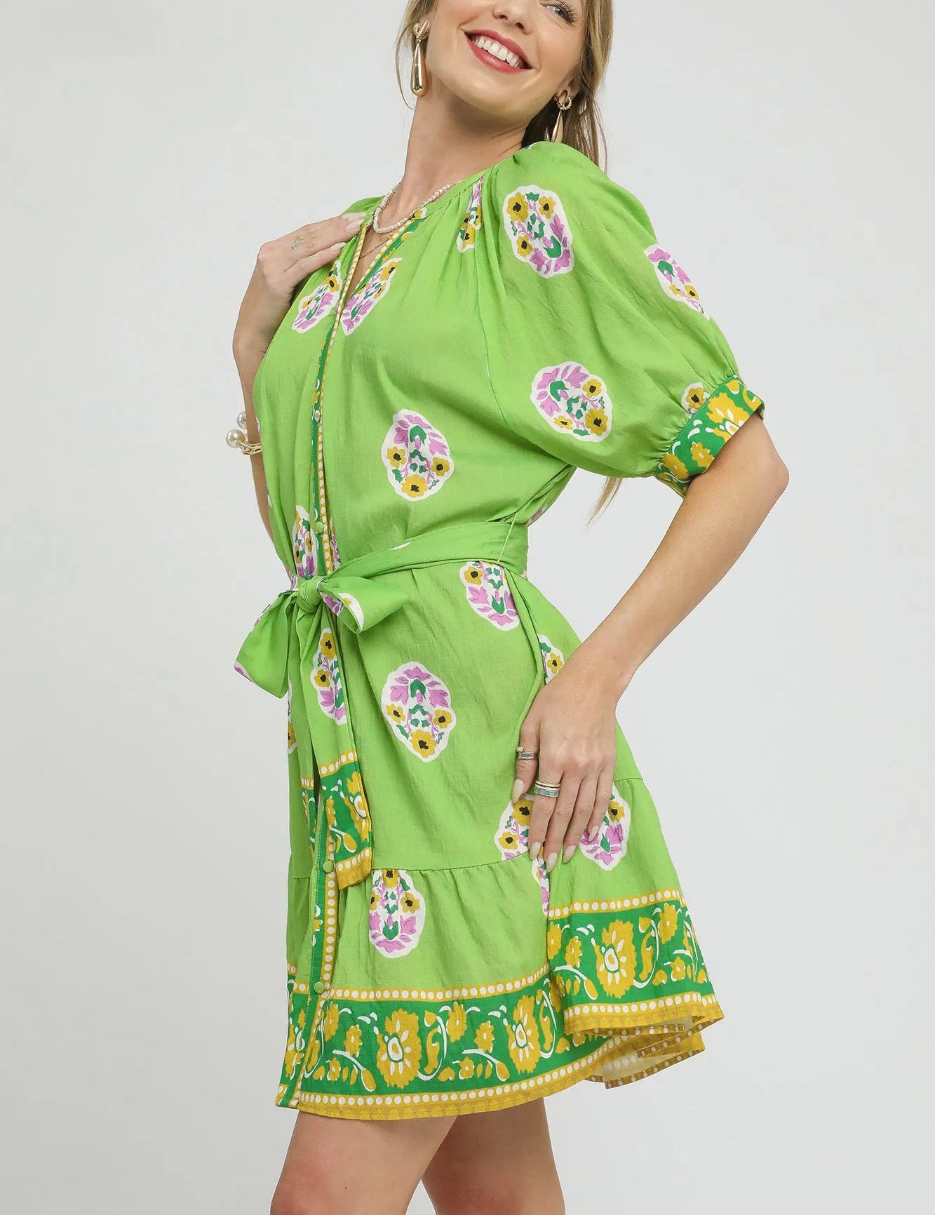 Umgee Floral Print Tie Waist Short Sleeve Dress | Mini Dresses Daverri Fashions