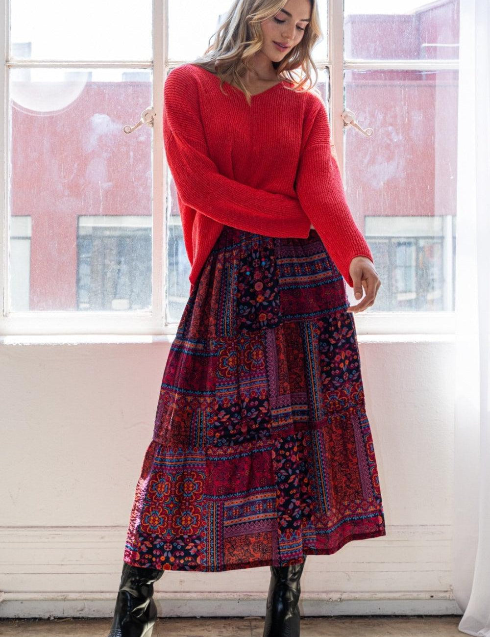 Red S ODDI Full Size Printed Tiered Maxi Skirt | Skirts Daverri Fashions