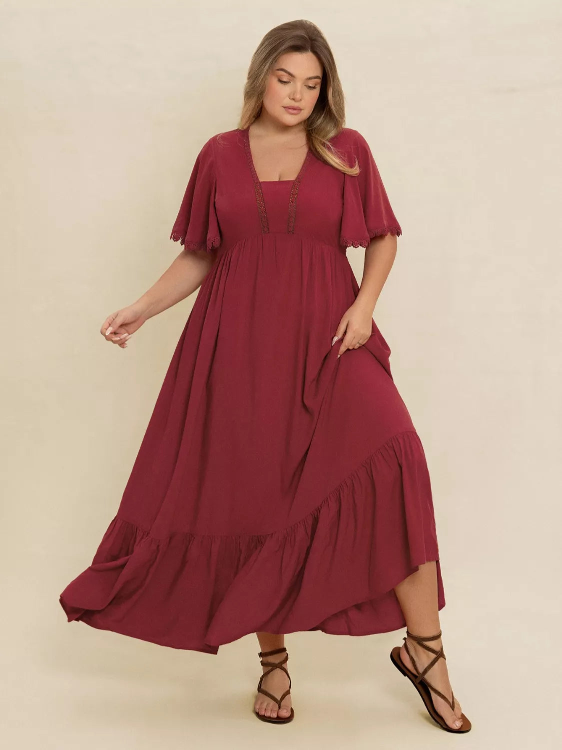 Plus Size Lace Detail Flutter Sleeve Maxi Dress | Maxi Dresses Daverri Fashions