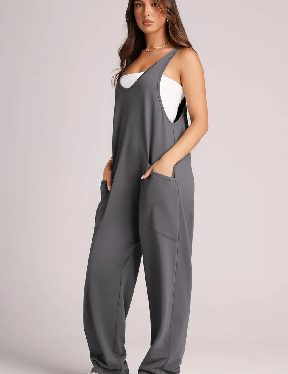 Dark Gray Lovelet V-Neck Wide Strap Overalls | Overalls Daverri Fashions