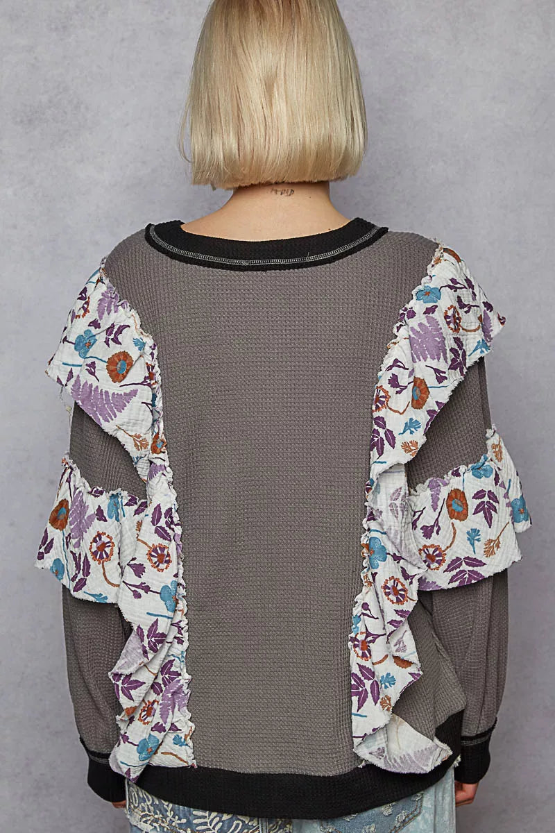 POL Round Neck Sweater with Floral Ruffle Detail | Sweaters Daverri Fashions