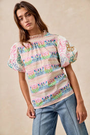 BiBi Ruffle Neckline Blouse With Embroidery Bubble Sleeve | Daverri Fashions