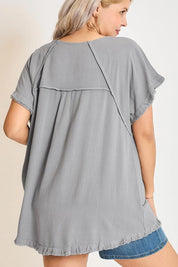 Umgee Full Size Seam Detail Linen Ruffle Fringe Edge Top Plus Size | Daverri Fashions