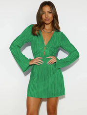 Green Tied Plunge Flare Sleeve Mini Dress | Mini Dresses Daverri Fashions