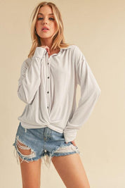 White Aemi + Co Twisted Hemline Button Detail Collared Neck Top | Tops Daverri Fashions